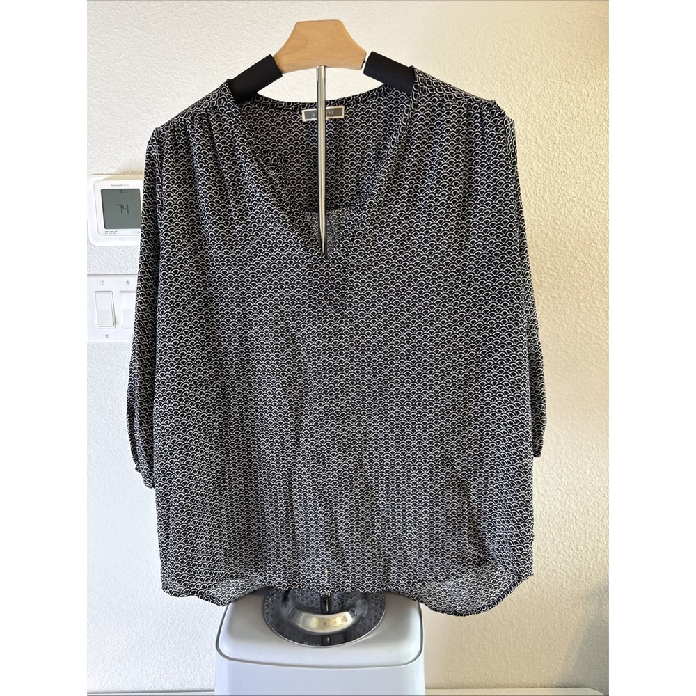 Pleione Women's 3/4 Sleeve V-Neck Blouse Black & White Size Small